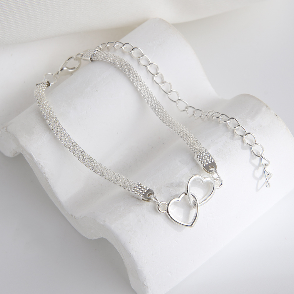 Double Chain Ankle Bracelet Gold Tone Heart Charm Anklet